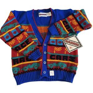 Vintage Boy's Cardigan Sweater Barrel Race Car‎ Knit Red Blue Long Sleeve Size 7